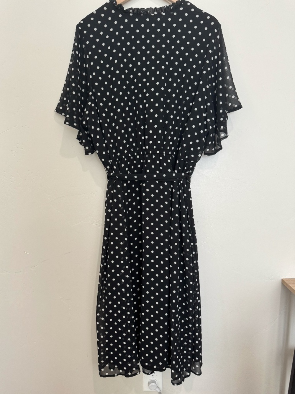 Torrid Size 3 Midi Chiffon Ruffle Neck Pintuck Dress Black and White Polka Dots - Picture 7 of 10
